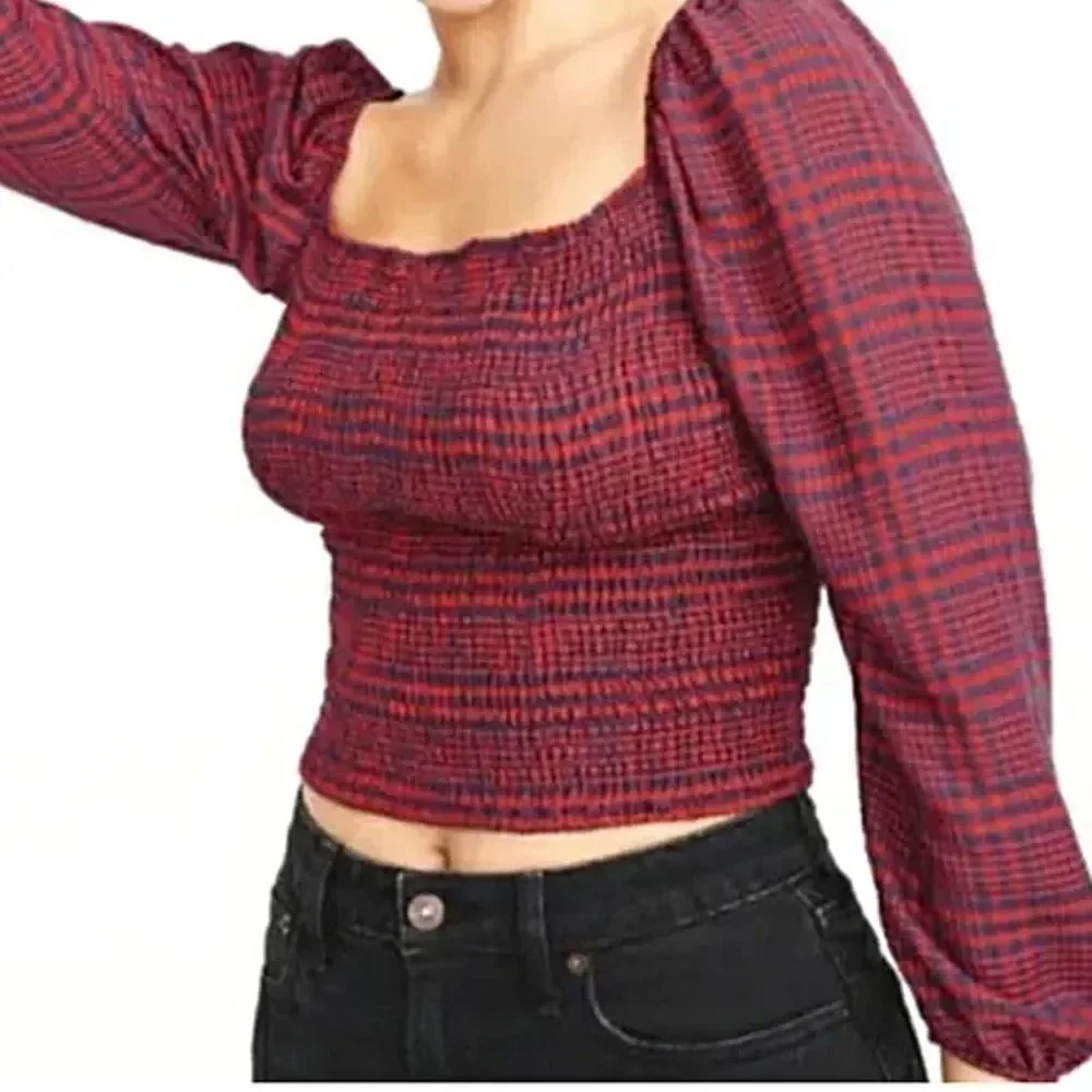Abercrombie & Fitch Plaid Cropped Fitted Waist Balloon Sleeve Blouse Top Medium